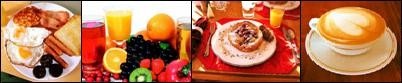 Quattro foto della colazione: uova e bacon, frutta e spremuta, dolci, cappuccino